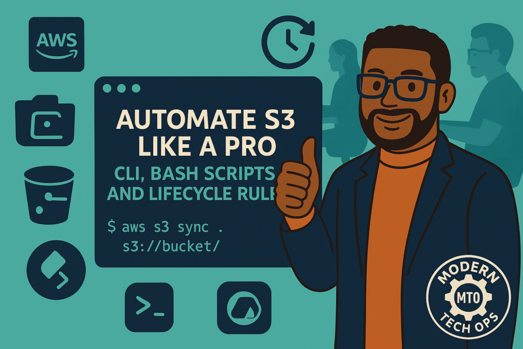 A teal-background illustration showing a navy command window titled ‘AUTOMATE S3 LIKE A PRO’ with the subheading ‘CLI, BASH SCRIPTS AND LIFECYCLE RULES’ and the command $ aws s3 sync . s3://bucket/ displayed. To the right, a bearded avatar in a navy blazer gives a thumbs-up. The left features icons for an S3 bucket, AWS CLI, Bash, a folder, and a lifecycle clock. In the background, a second engineer silhouette sits at a desk. A faint ModernTechOps badge watermark with ‘MTO’ appears in the bottom-right.