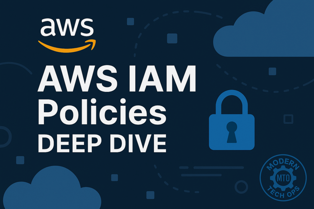 Widescreen graphic with a dark blue background featuring abstract lighter-blue cloud shapes, dotted lines, and square icons. The AWS logo appears in white and orange at the top left. Centered in large white text is ‘AWS IAM Policies Deep Dive,’ and to its right is a solid blue padlock icon. In the bottom right corner is a subtle watermark of the Modern Tech Ops circular gear logo.