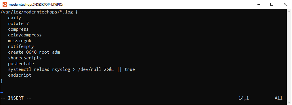 Vim Text editor showing the logrotate config file clearly formatted.