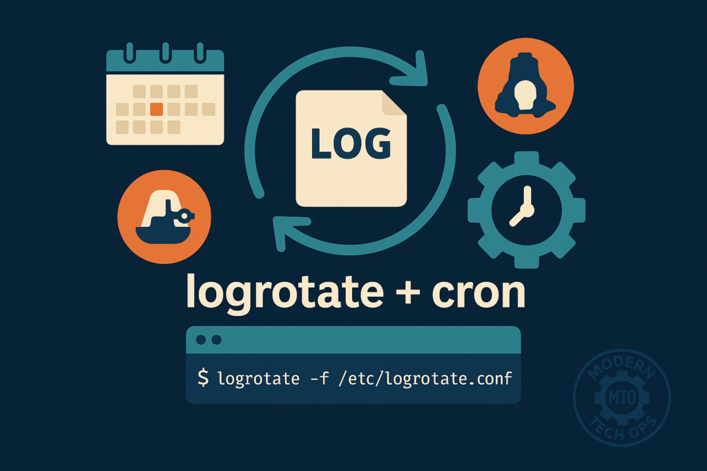 Dark-themed image illustrating automated daily log rotation: a central log file icon with circular arrows, a calendar icon for daily schedule, a gear-clock icon for cron, a terminal snippet ($ logrotate -f /etc/logrotate.conf) below, and a faint ModernTechOps badge watermark.