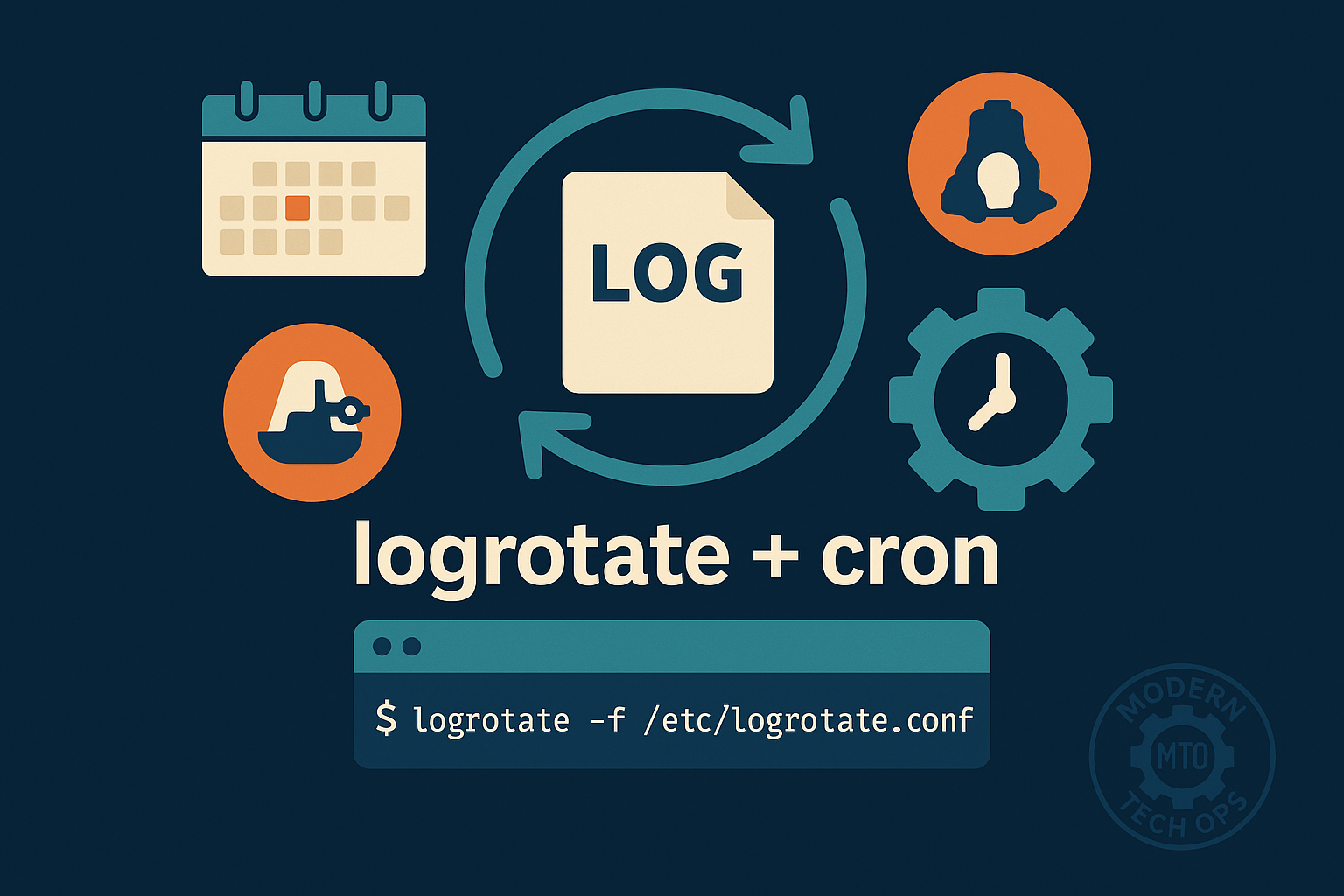 Dark-themed image illustrating automated daily log rotation: a central log file icon with circular arrows, a calendar icon for daily schedule, a gear-clock icon for cron, a terminal snippet ($ logrotate -f /etc/logrotate.conf) below, and a faint ModernTechOps badge watermark.
