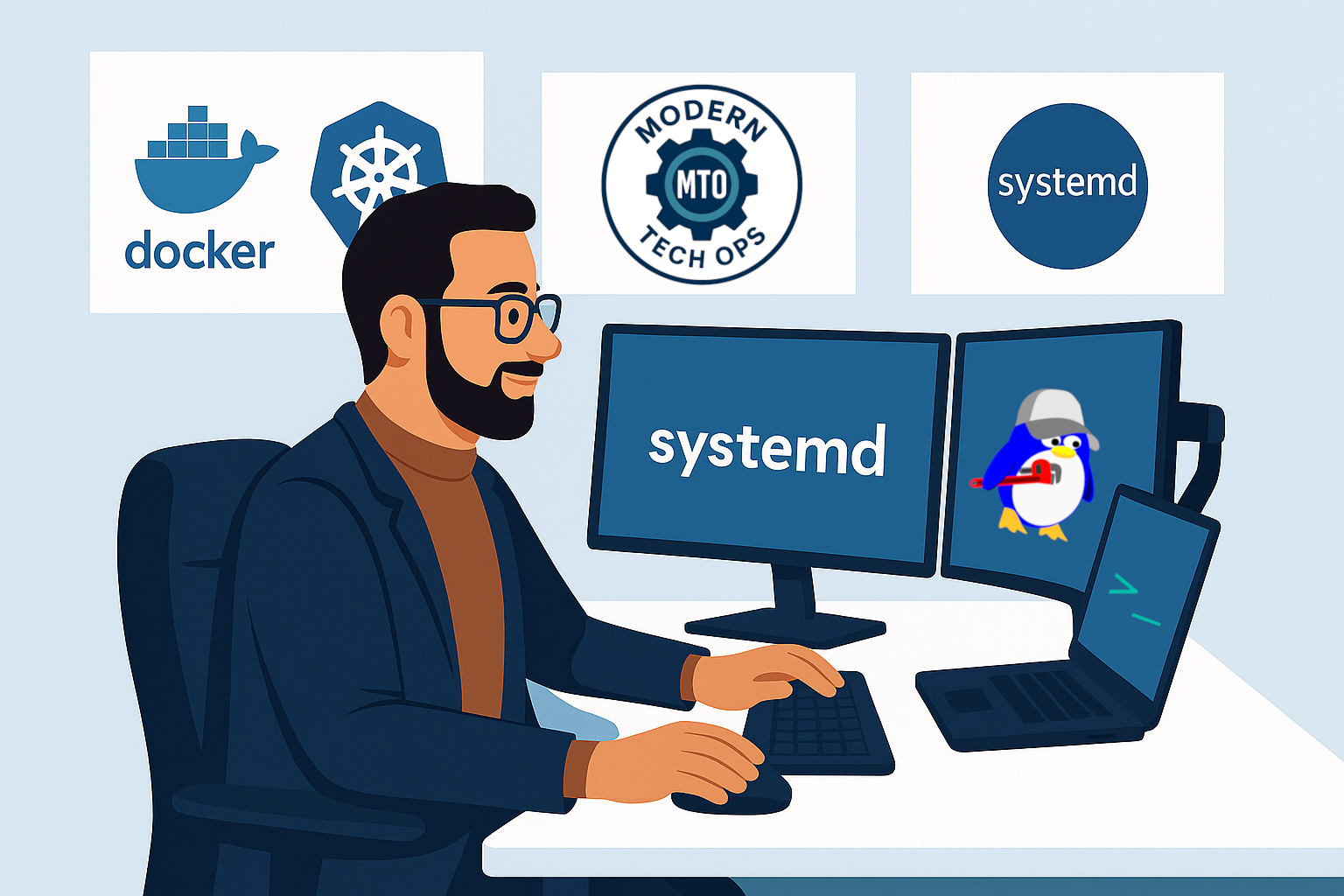 Illustration of a TechOps Engineer at his computer ready to start working with systemd.
