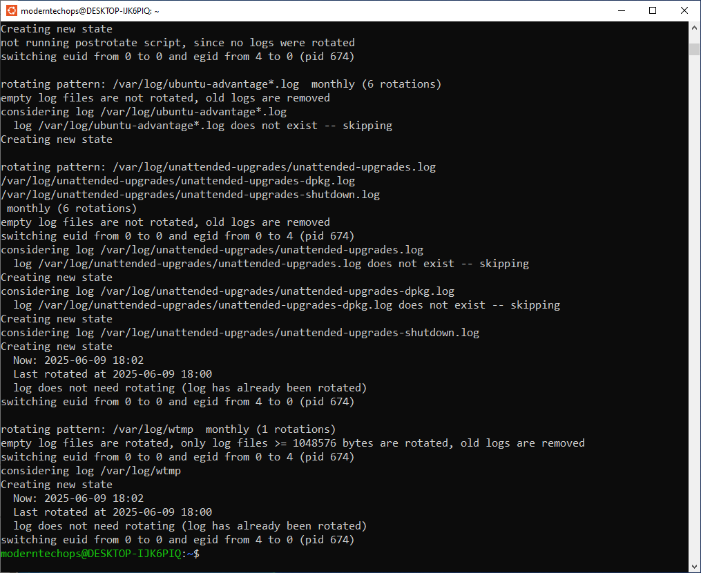 Remaining Terminal output of running the command logrotate --debug.