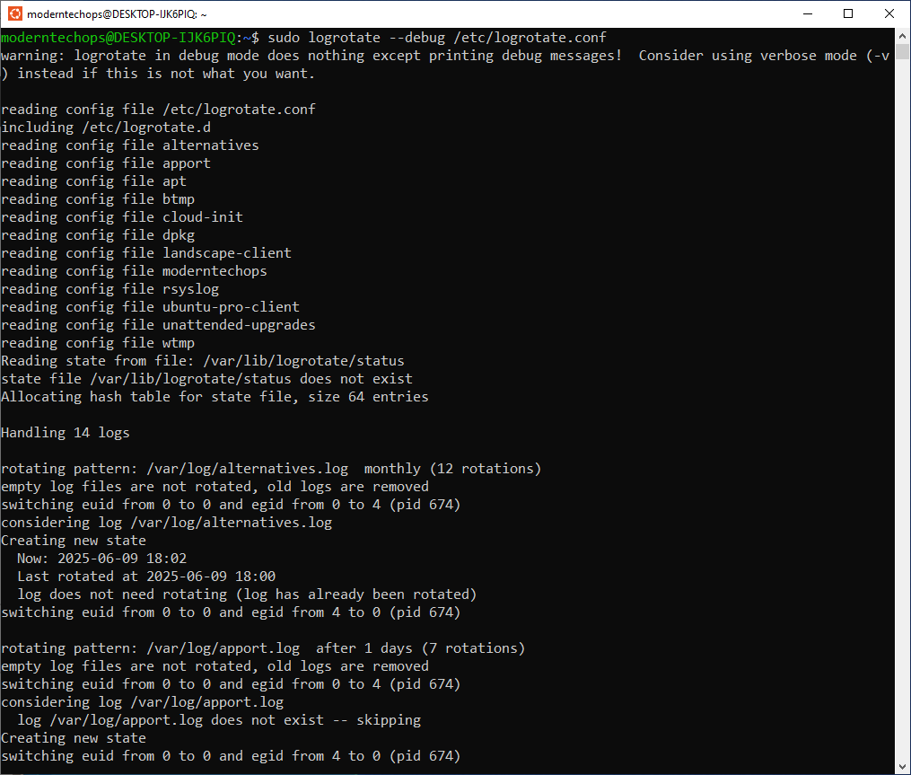 Terminal output of running the command logrotate --debug.