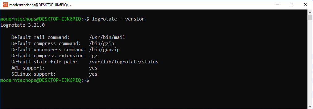 Terminal output from running the command logrotate --version.