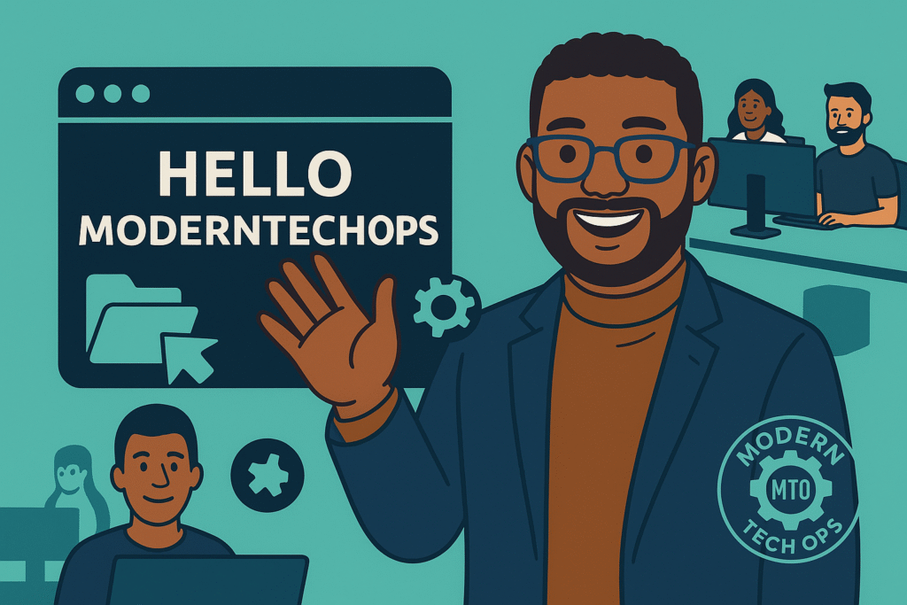 A teal-background (#2AA198) illustration showing a friendly avatar of a bearded man with glasses in a navy blazer waving in the foreground. To his left is a navy terminal window labeled “HELLO MODERNTECHOPS.” In the background, two diverse engineers sit at desks with monitors—one woman and one man—creating a NOC/SRE vibe. Navy tech icons (a folder with an arrow and a gear) and a faint ModernTechOps badge watermark appear subtly in the scene.