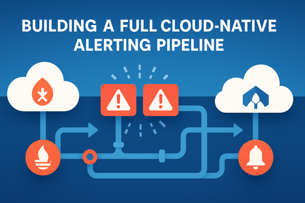 A wide-format flat-style illustration on a blue gradient background showing a cloud-native alerting pipeline: at top center, the bold white title ‘Building a Full Cloud-Native Alerting Pipeline.’ On the left, a white cloud icon containing the Prometheus flame logo feeds into light-blue pipes. In the middle, a larger white cloud labeled ‘Alertmanager’ holds two orange alert symbols with white exclamation icons. From there, pipes branch right into a white cloud labeled ‘webhook.site’ with a matching orange alert triangle, and down to a generic notification endpoint at the bottom.