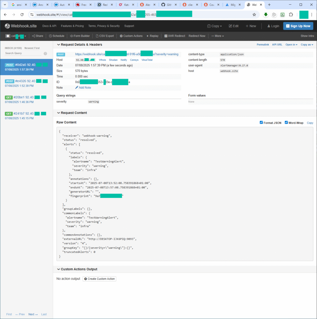 Alert Resolved - Screenshot of webhook.site inbox.