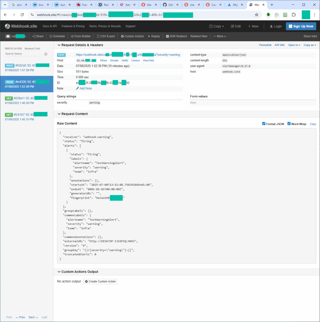 Alert Firing - Screenshot of webhook.site inbox.
